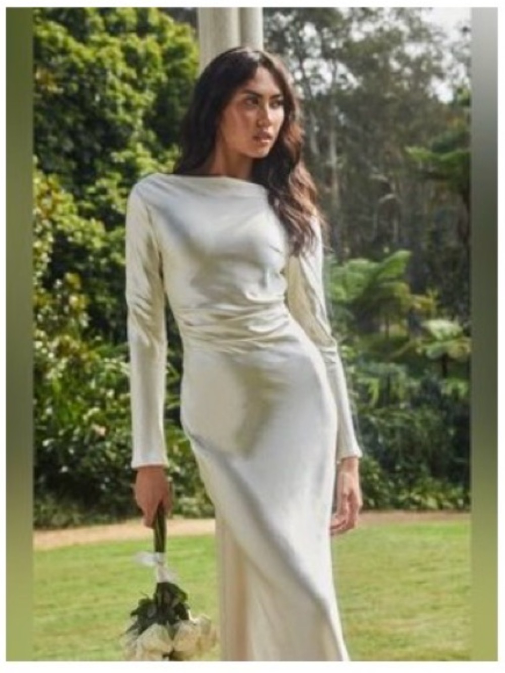 Selfie Leslie Size Large Long-Sleeve Ivory Draped Maxi Dress with cowled back